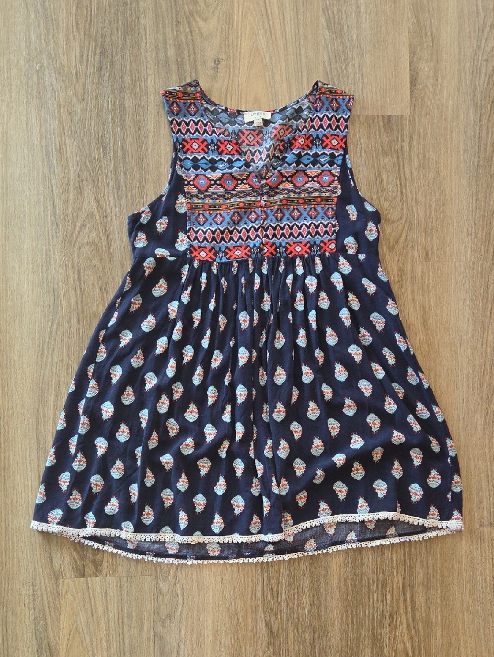 Umgee Navy Sleeveless Dress with Multicolor Aztec Yoke Size Small